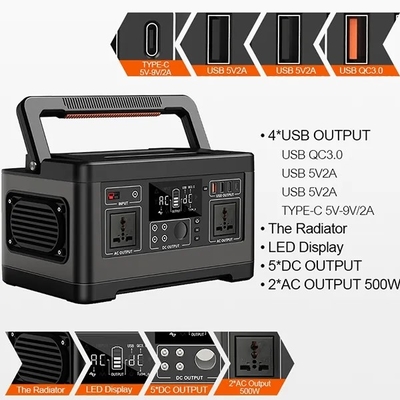 500W Büyük Kapasiteli Taşınabilir Dış Elektrik Santrali Pil 520Wh